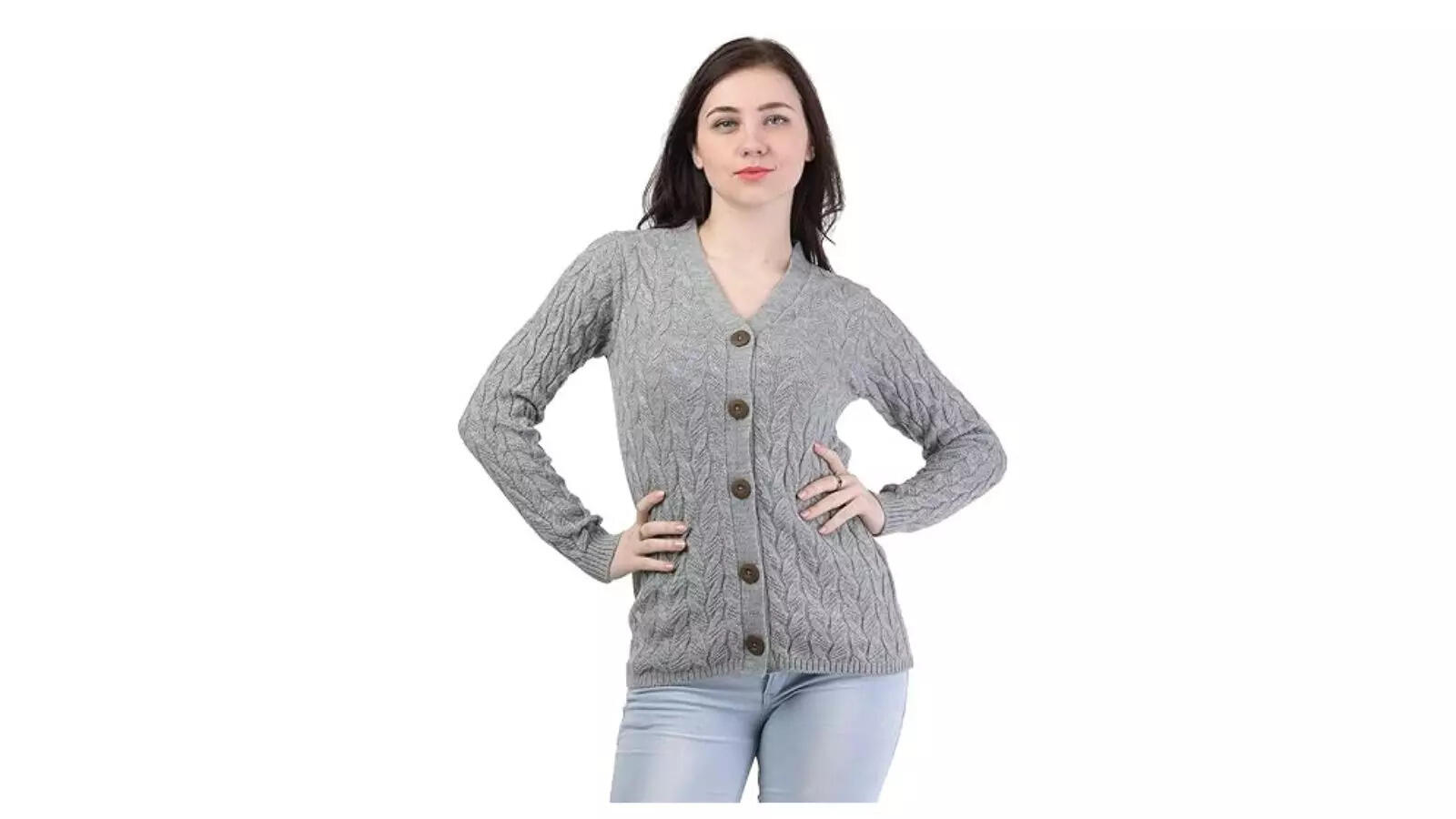 Kalt Women Full Sleeves Cable Button Acrylic Sweater