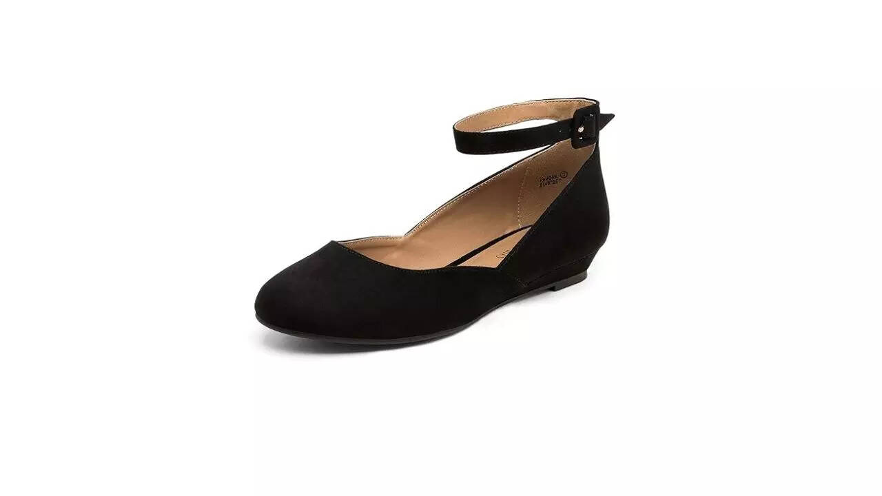 DREAM PAIRS Women's Black Nubuck Low Wedge Ankle Strap Flats Shoes