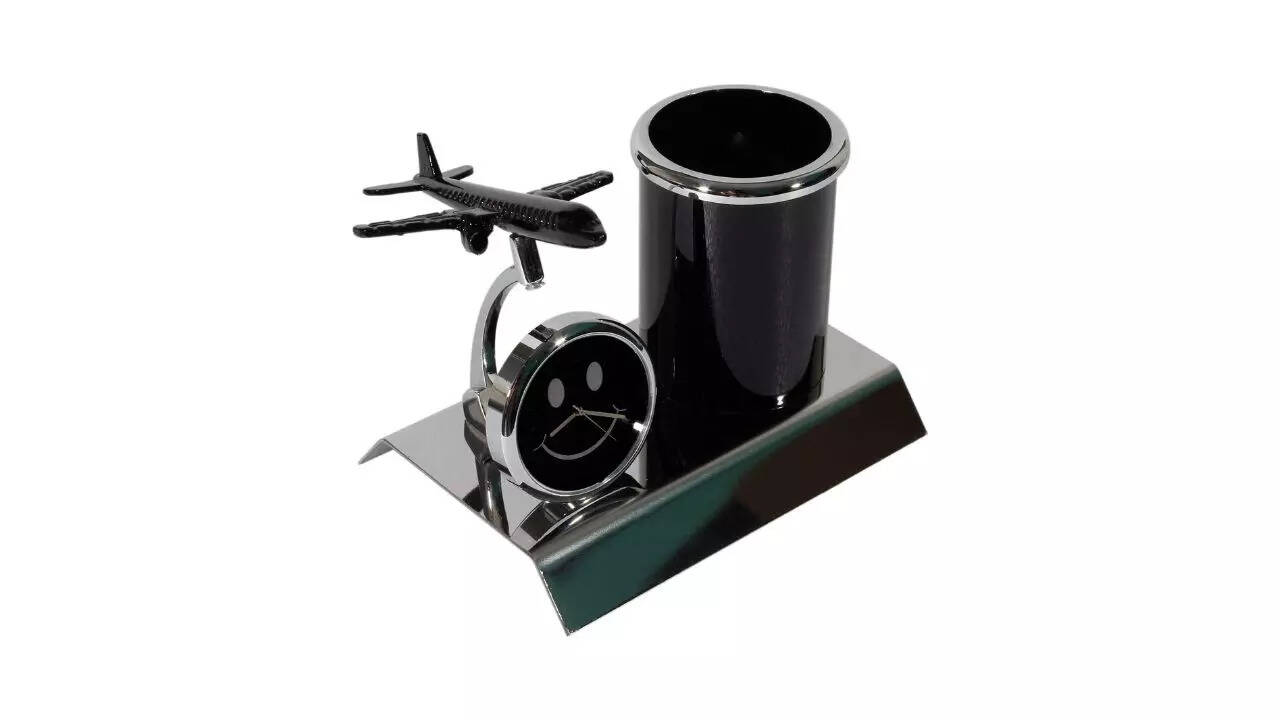 ZAHEPA Aeroplane Miniature Pen Stand with Clock