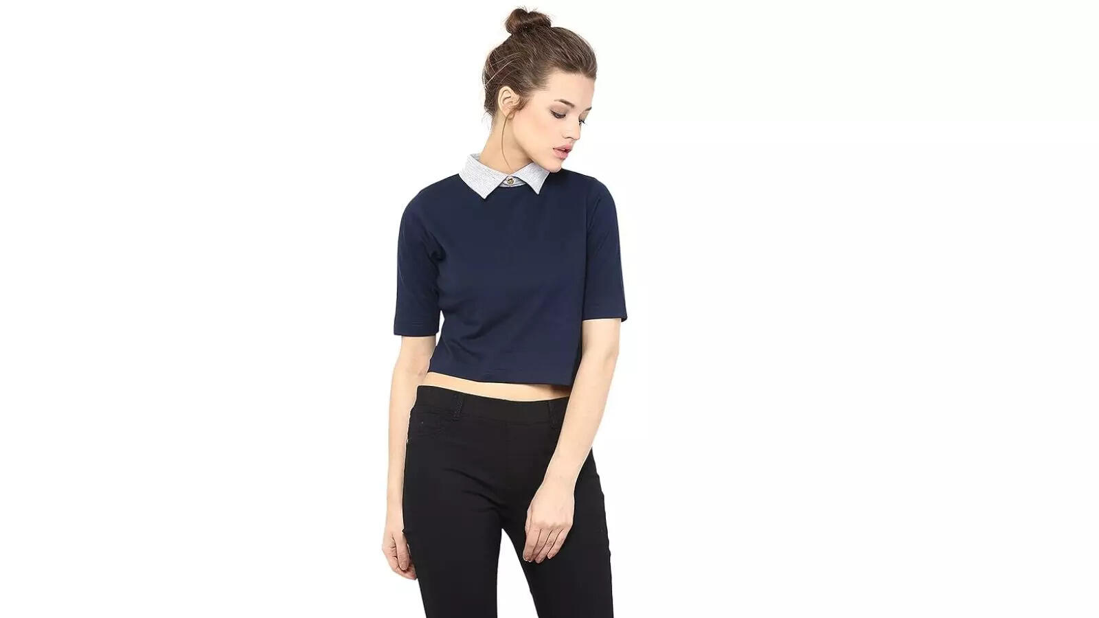 Miss Chase Womens Collar Neck Crop Top 