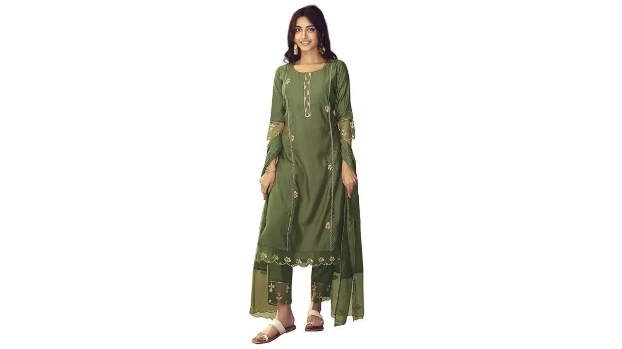 INDO ERA Cotton Blend Womens Embroidered Straight Kurta  Pant With Dupatta Set