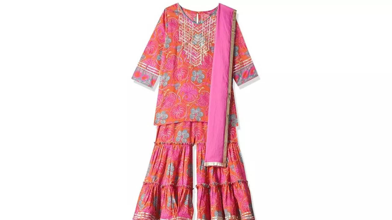 BIBA Girls Orange Cotton Straight Kurta Garara Suit Set