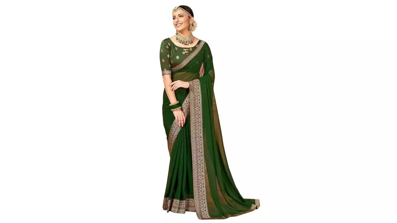 AKHILAM Womens Georgette Embellished Designer Saree With Unstitched Blouse Piece