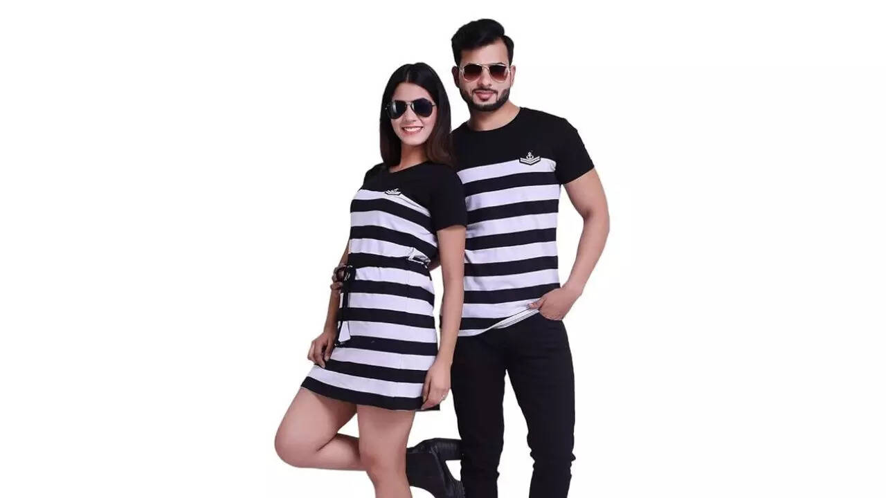COUPLESTUFF.IN Couple Men's & Women's Cotton Striped Dress & T-Shirt