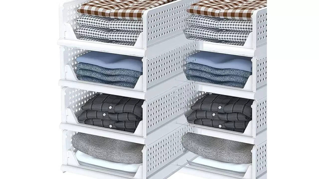 JIALTO 6 Pieces Clothes Organiser for Wardrobe, Cupboard for Clothes Foldable and Stackable Organizer for Wardrobe Organizer for Home Clothes Organizer Plastic Light Pink