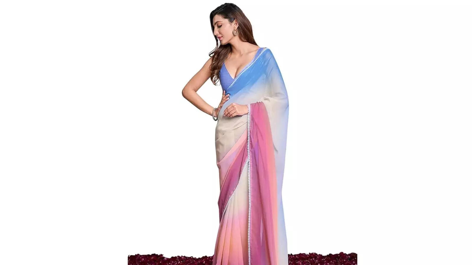 AKHILAM Women's Colorblocked Celebrity Pure Chiffon Saree with Unstitched Blouse Piece