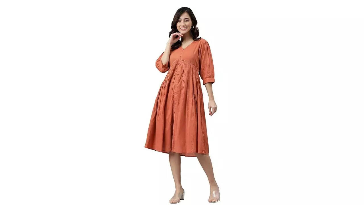 Janasya Women's Coral Orange Cotton Solid Flared Dress