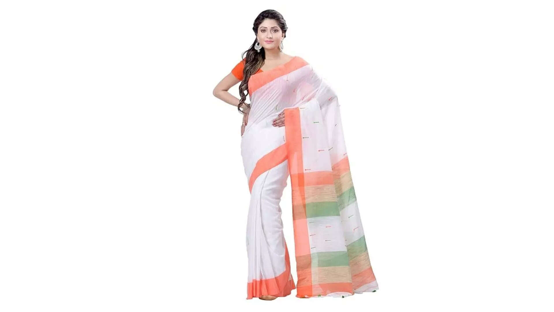 DESH BIDESH Womens tri-colour Pure Cotton Handloom Saree with Blouse Piece Tricolor Spirit of Independence Day 