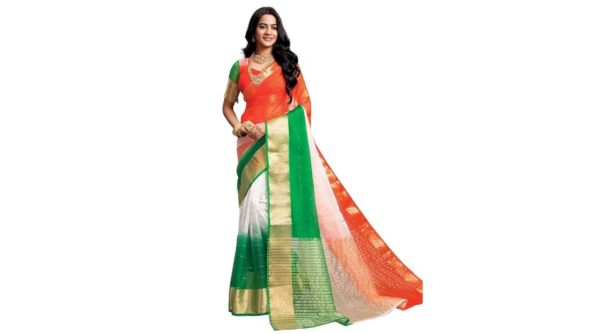 Satrani Womens Organza Jacquard Border Saree Elegance Meets Patriotism 