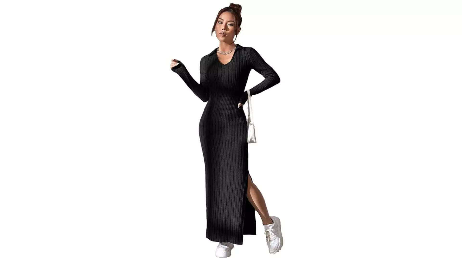 TheBaagi Solid Split Thigh Ribbed Knit Bodycon Dress