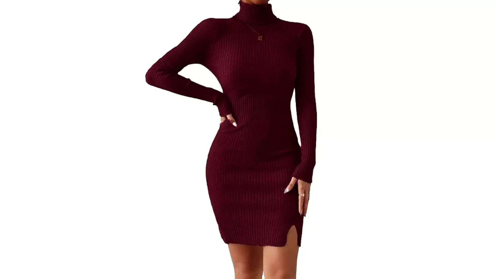 GLARE & BLAIR Solid Turtleneck Regular Fit Casual Ribbed Knit Long Sleeve Bodycon Dress