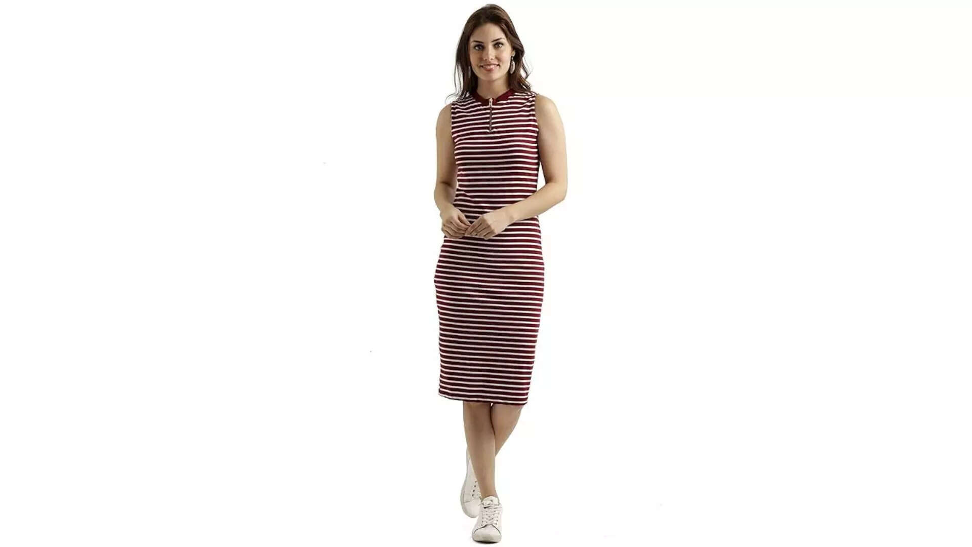 Miss Chase Women's Comfortable Round Neck Sleeveless Striped Bodycon Dress