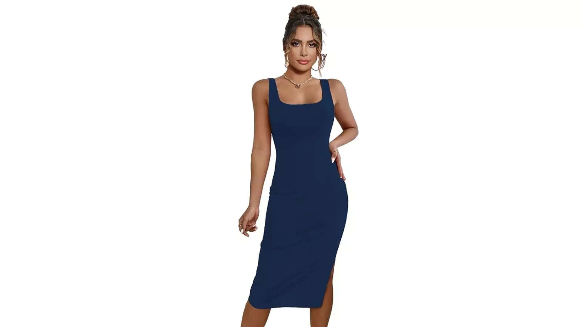 Sugathari Solid Women Square Neck Ribbed Knit Sleeveless Bodycon Dress