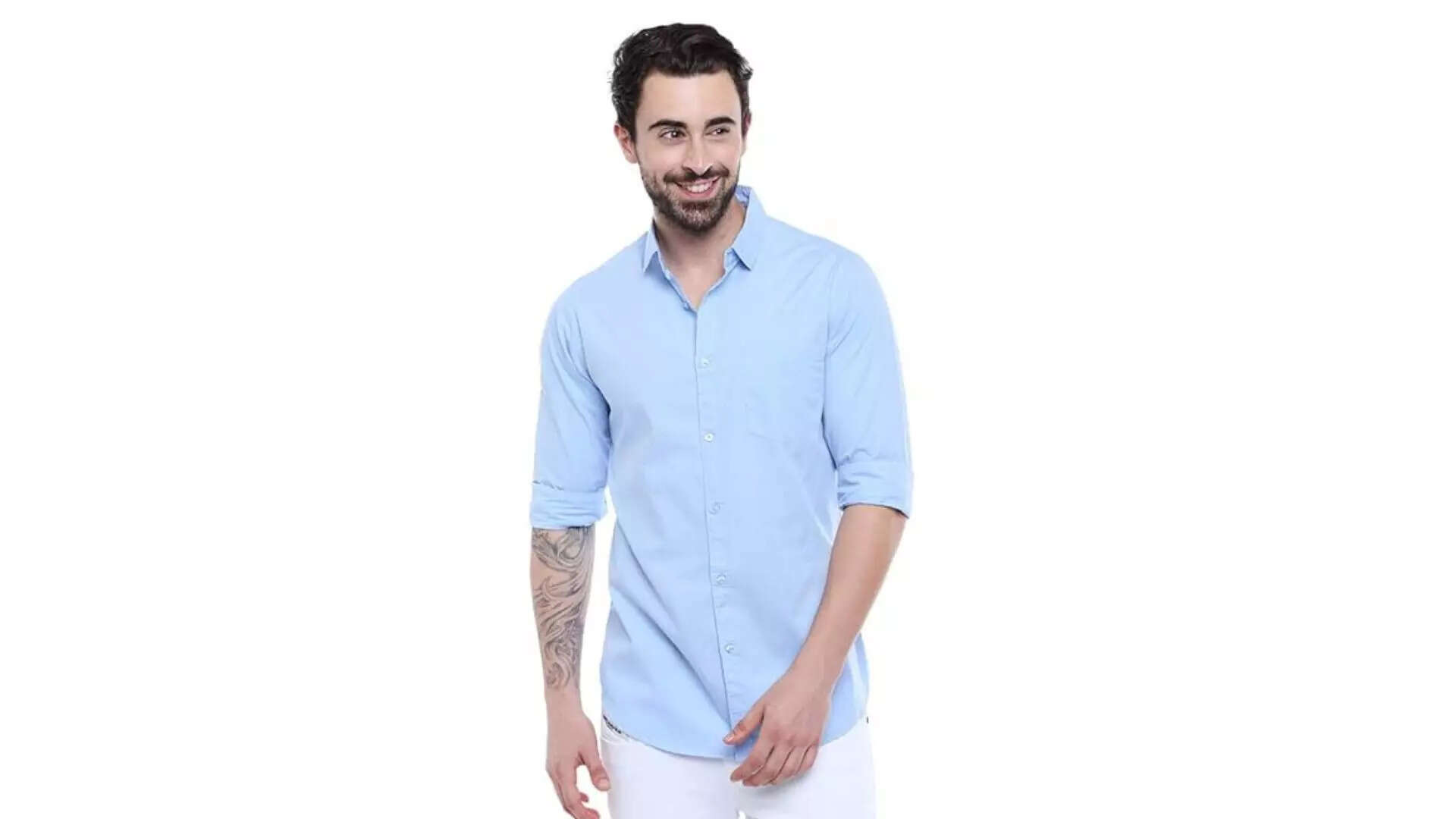 Dennis Lingo Mens Solid Slim Fit Casual Blue Shirt Versatility in Style 