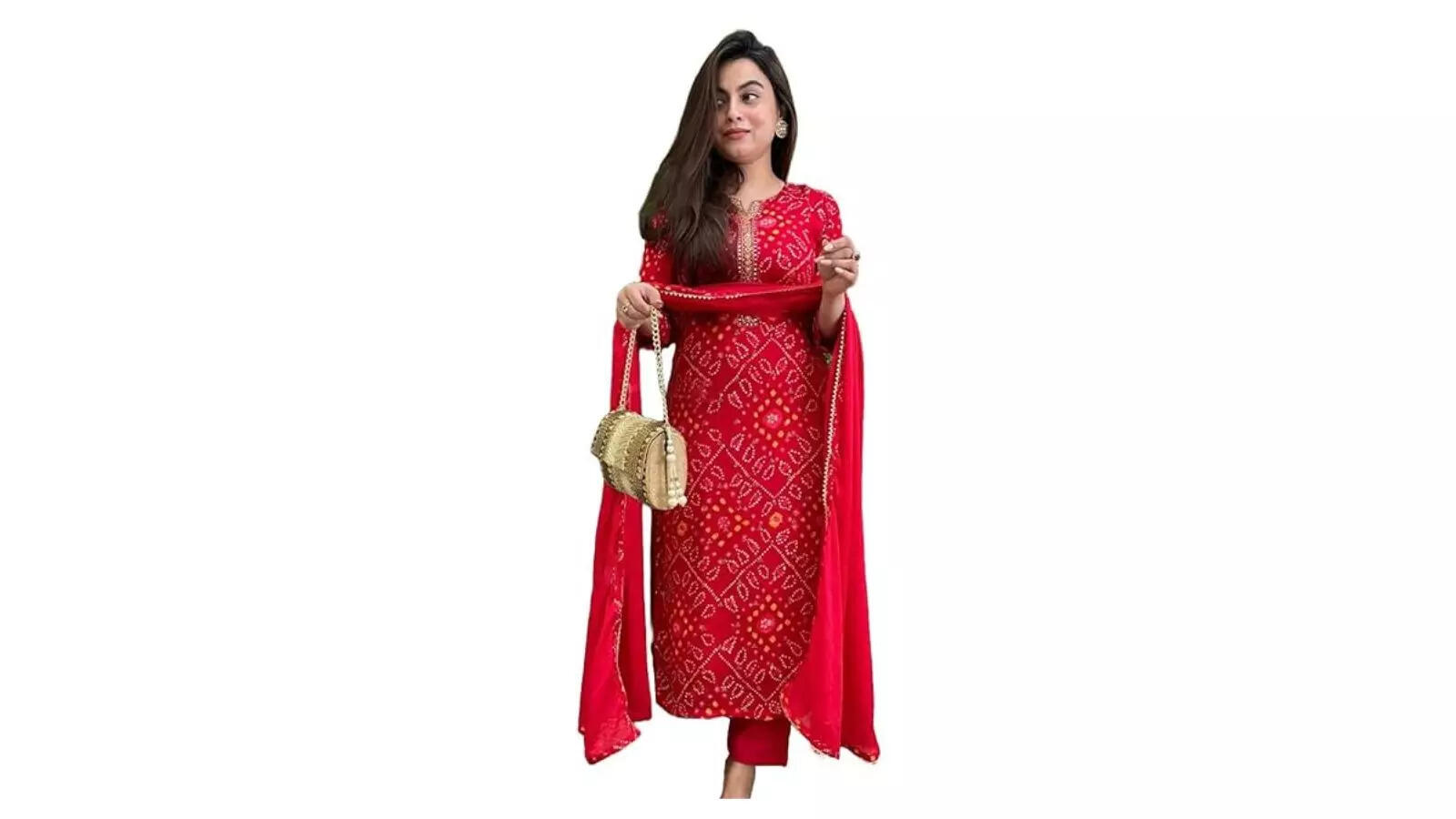 GoSriKi Women's Rayon Blend Bandhani Printed Straight Kurta Set