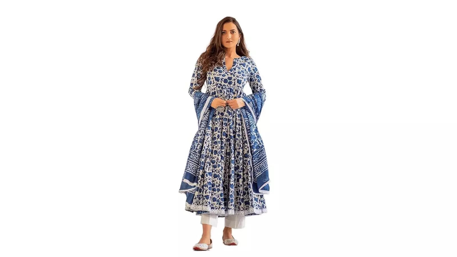 MEERA FAB Women's Cotton Printed Anarkali Kurta with Palazzo & Dupatta Set
