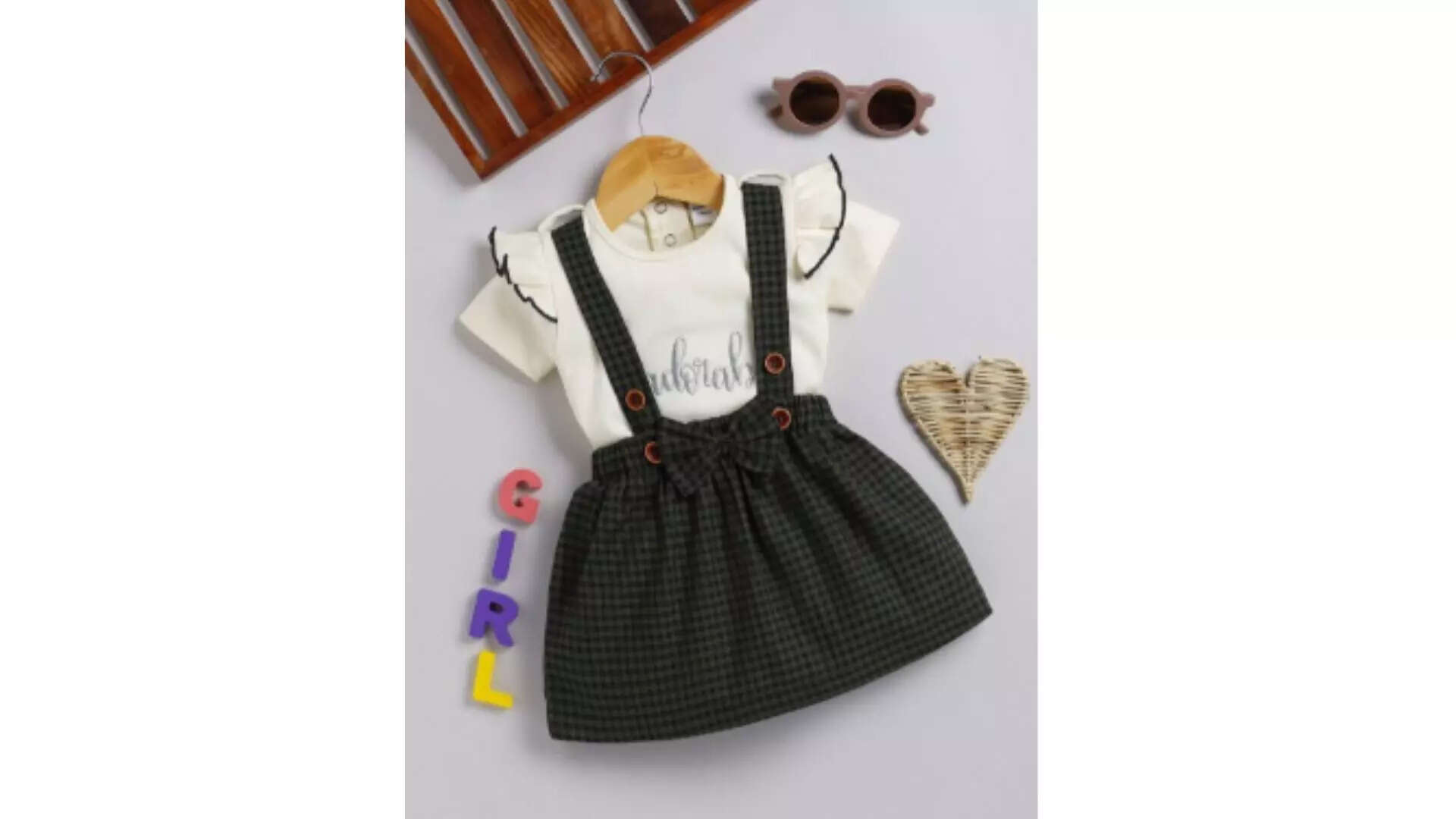 Moms Love Infant Girls Pure Cotton Printed Top with Checked Skirt Black and White Beauty