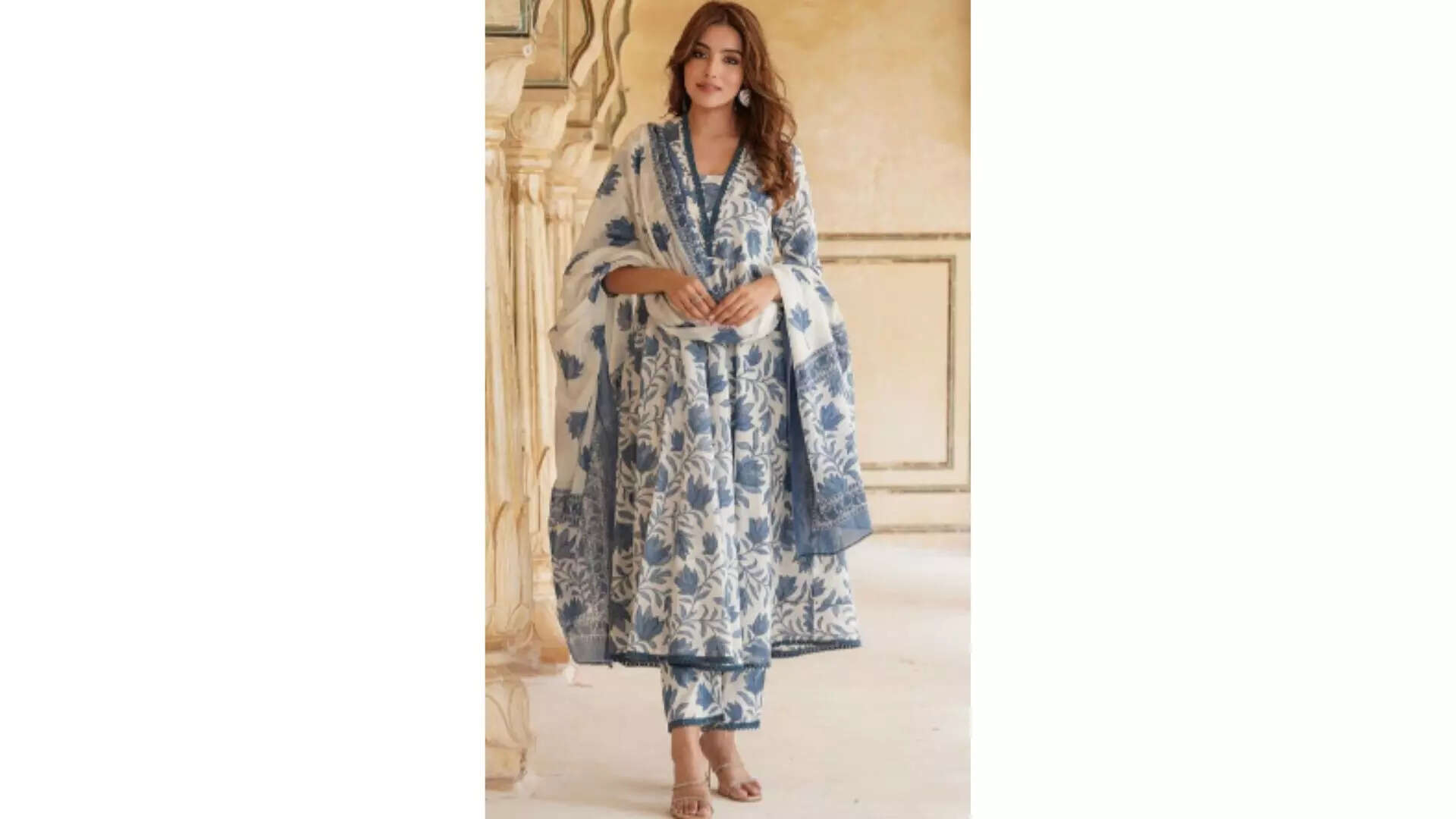 KALINI Floral Printed Anarkali Pure Cotton Kurta with Trousers & With Dupatta