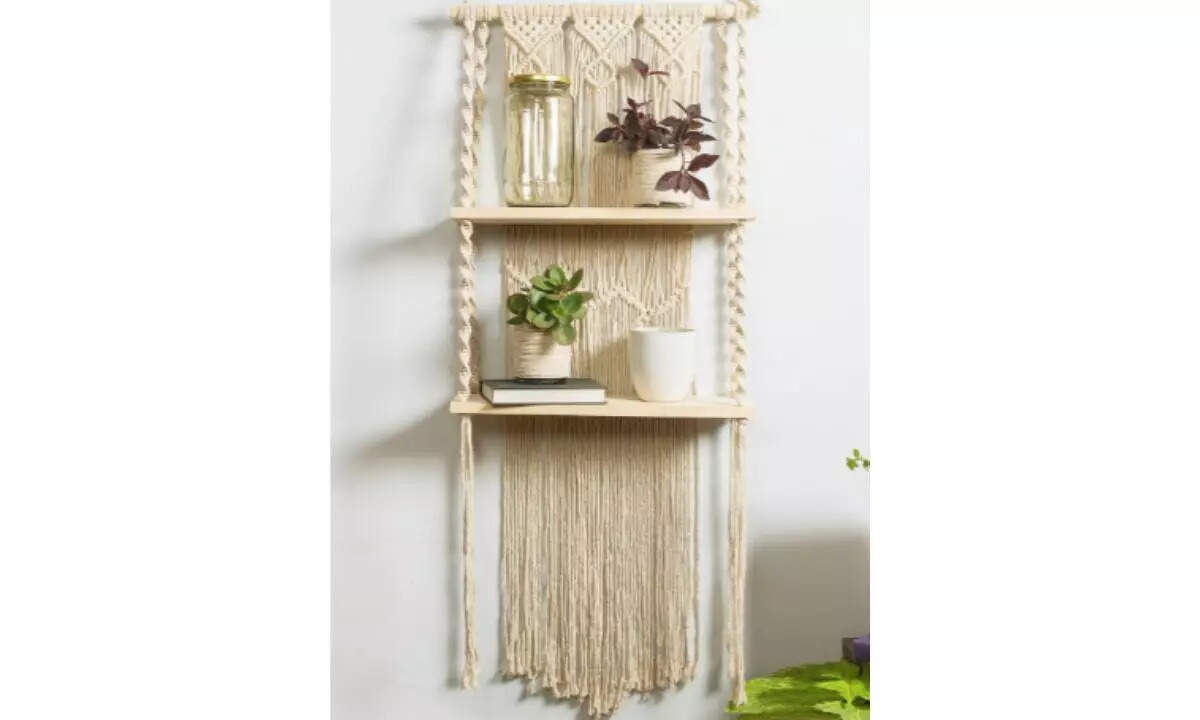 Beige Hand Knotted Cotton Rope Macrame Wall Hanging