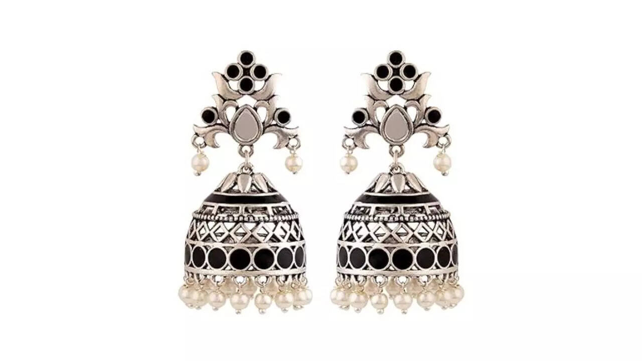 Voylla Brass Silver Oxidised Plating Rangabati Pink Embellishments Jhumka Earrings
