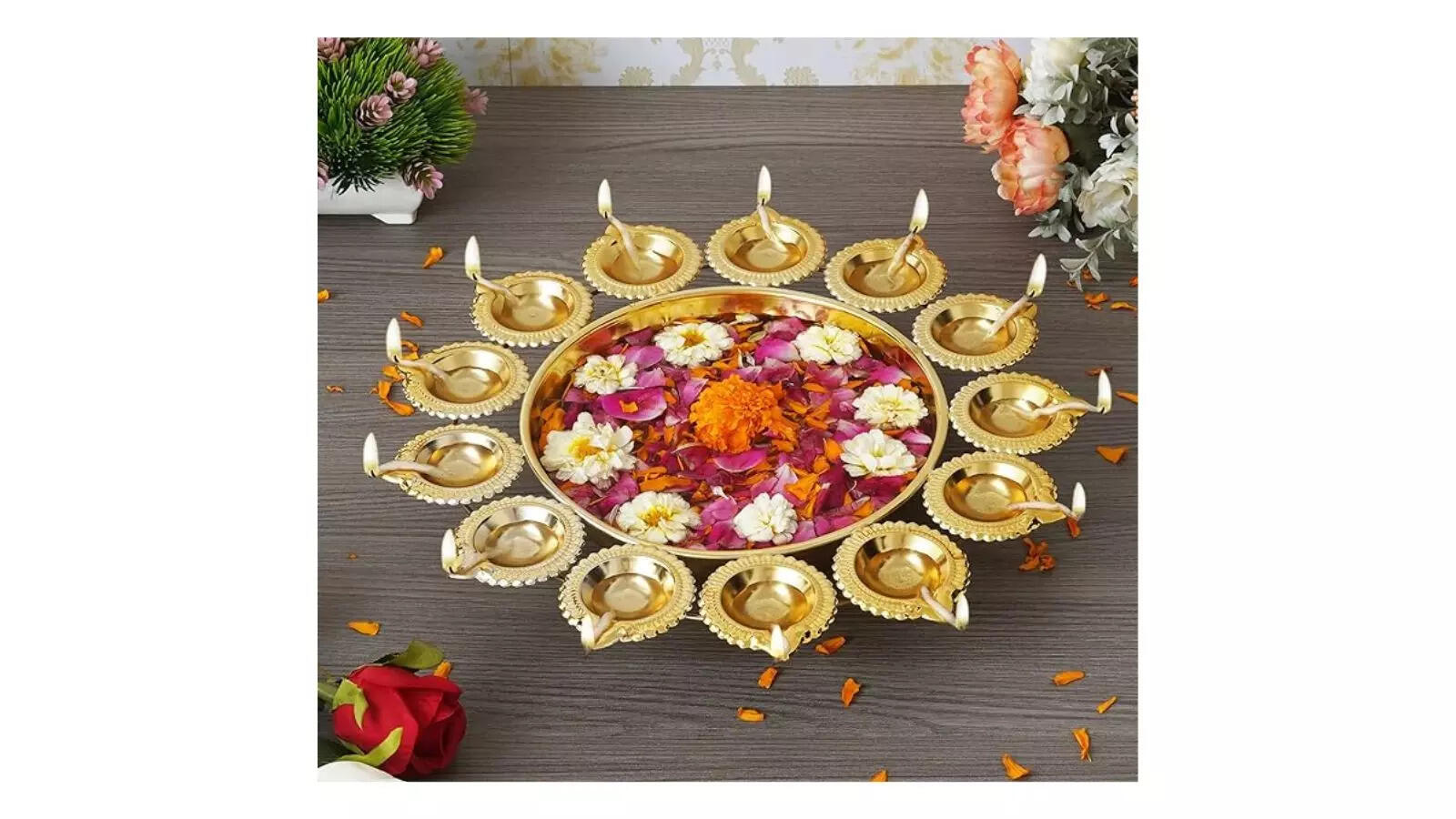 Webelkart Diya Shape Gold Polish Flower Decorative Urli Bowl