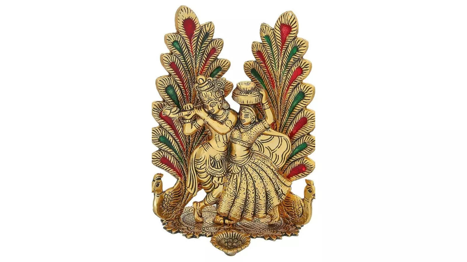 Collectible India Peacock Design Radha Krishna Idol Showpiece