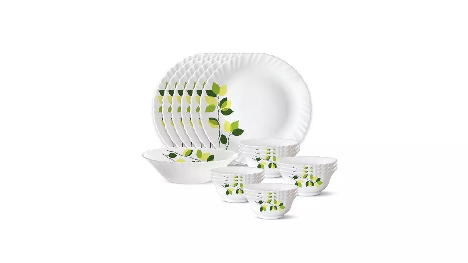 Larah by Borosil Green Leaves Silk Series Opalware Dinner Set