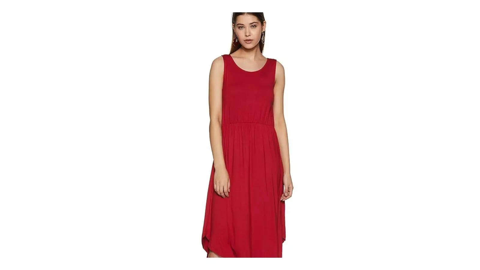 Amazon Brand - Symbol Women's Viscose Fit and Flare One Piece Midi Length Dress