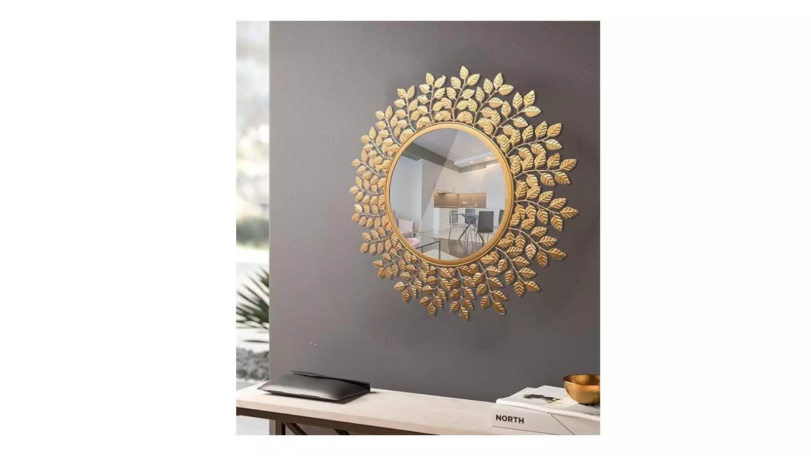 Urban Hamlet Iron Decorative Mirror Wall Mounted Hanging Mirror Sculpture Metal Golden Leaf Design Modern Art Mirror