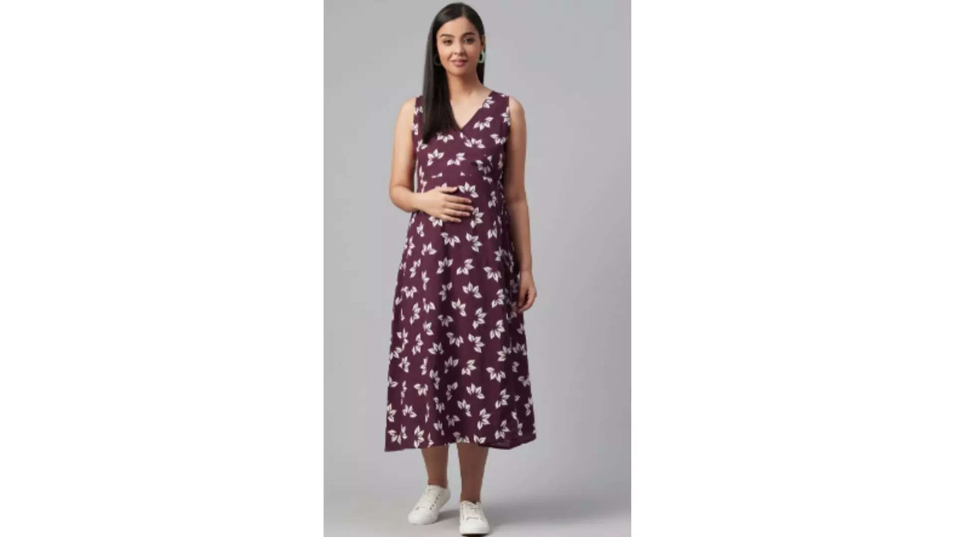 anayna Women Aubergine  White Tropical Print Maternity Wrap Dress Tropical Vibes for the Stylish Mama