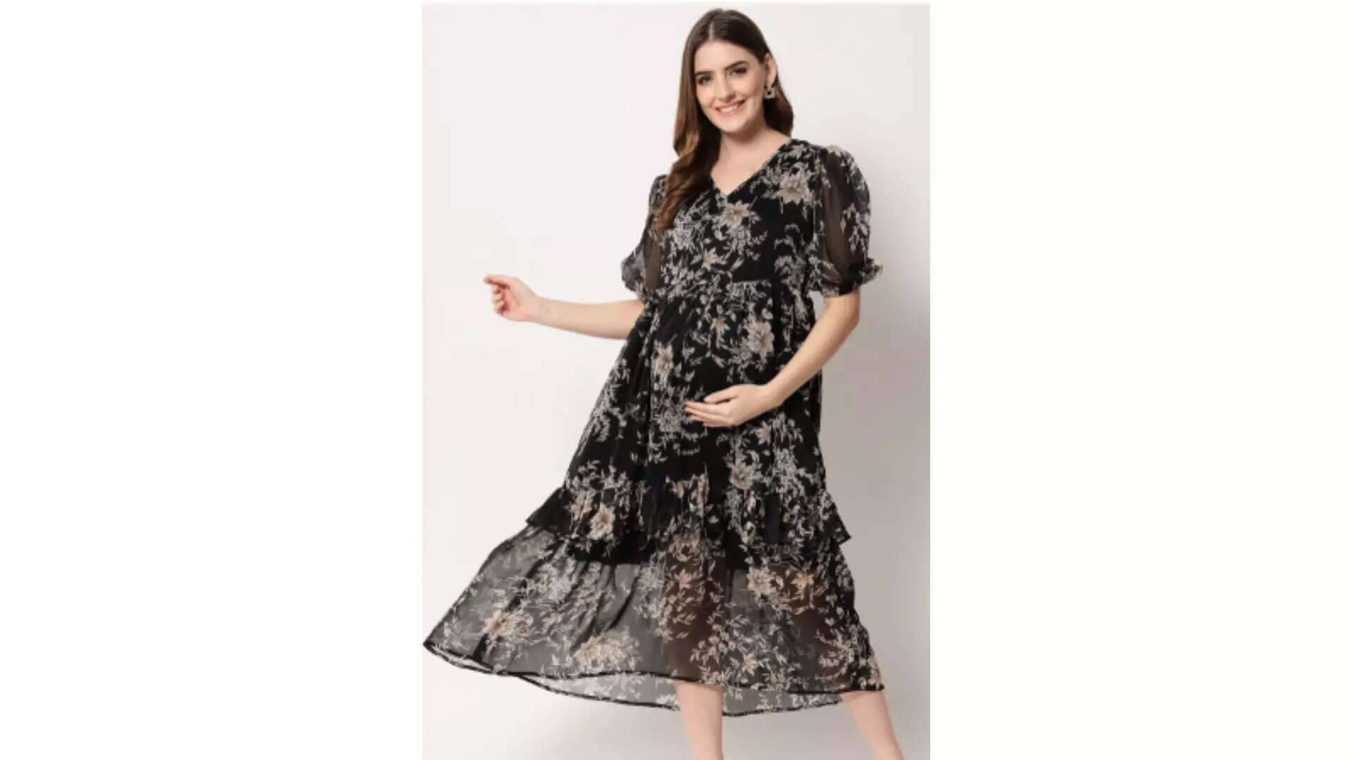 angloindu Black  Beige Floral Layered Chiffon Maternity Midi Dress Floral Elegance for the Modern Mom