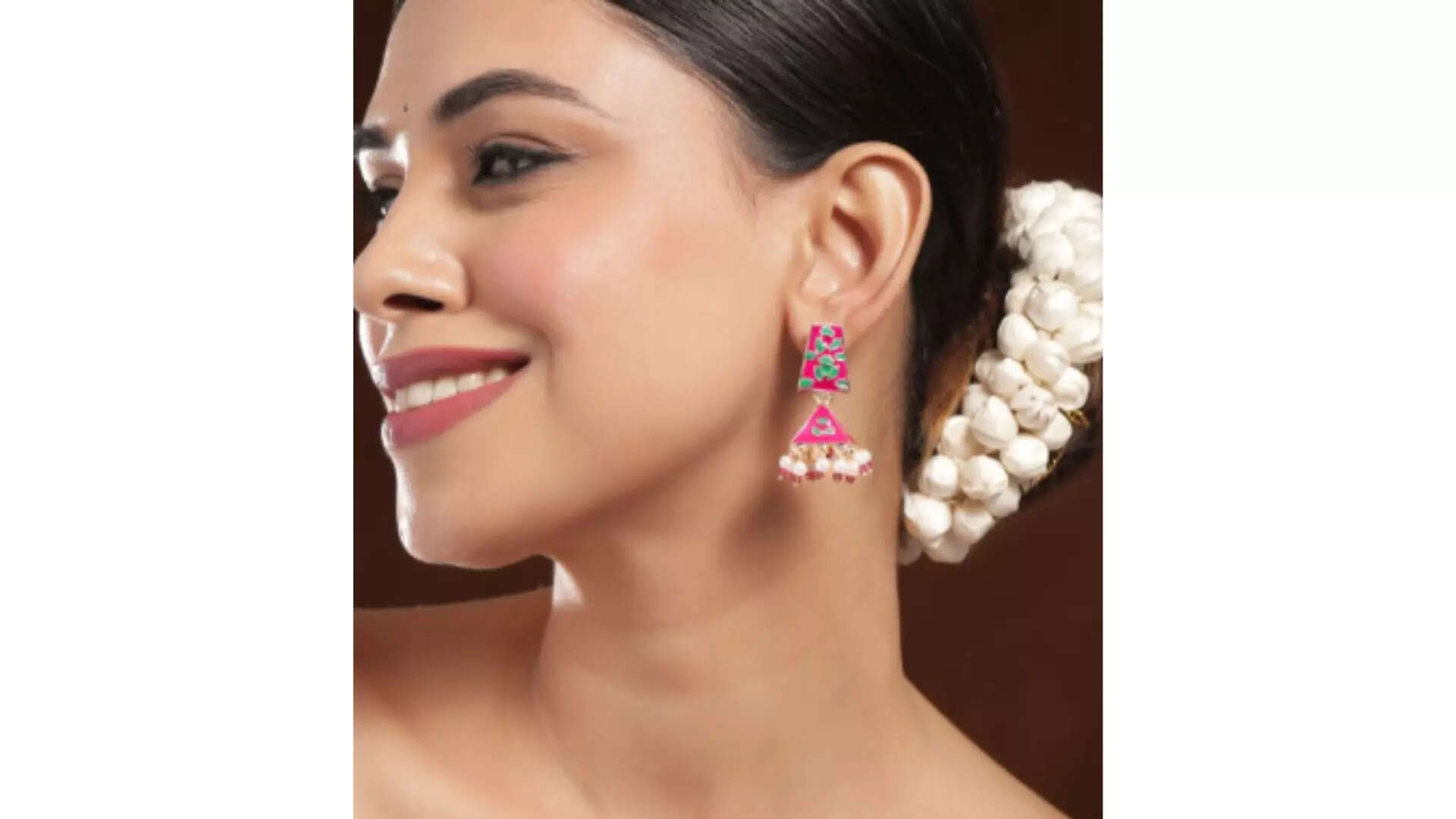 Rubans 18K Gold-Plated Pink  Green Enamelled Jhumka Earring with Pearl and Bead Detailing  Pink Elegance