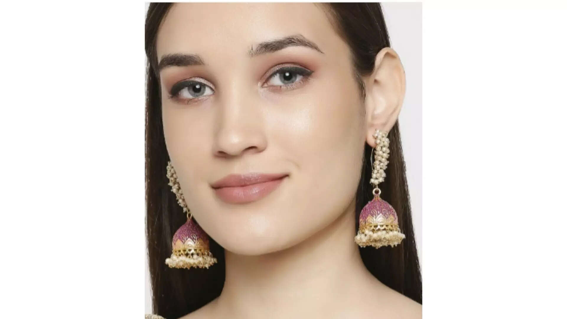 OOMPH Gold-Toned  Pink Meenakari Enamel Pearls Ethnic Jhumka Add a Touch of Glamour 