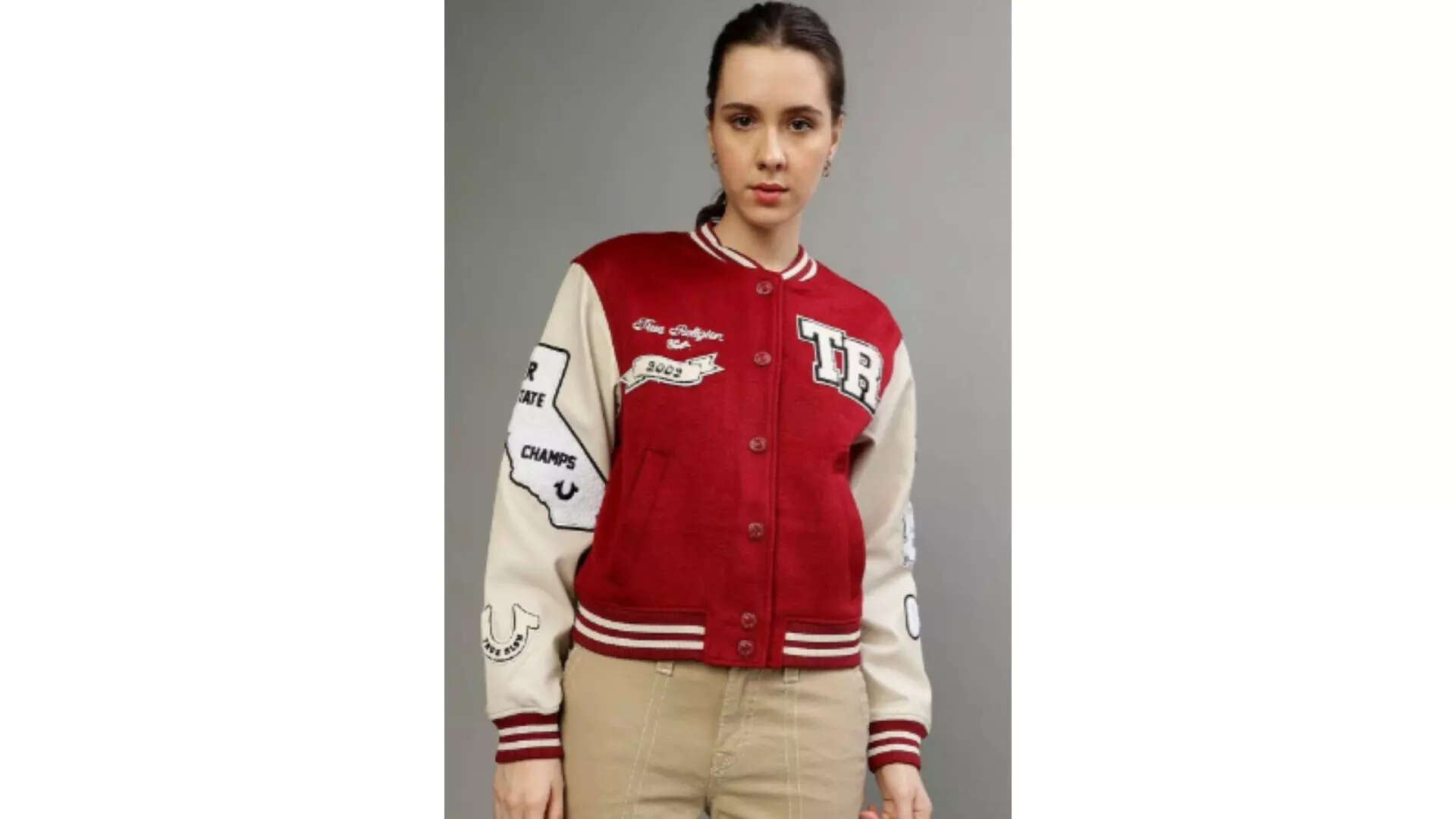 True Religion Colourblocked Crop Varsity Jacket