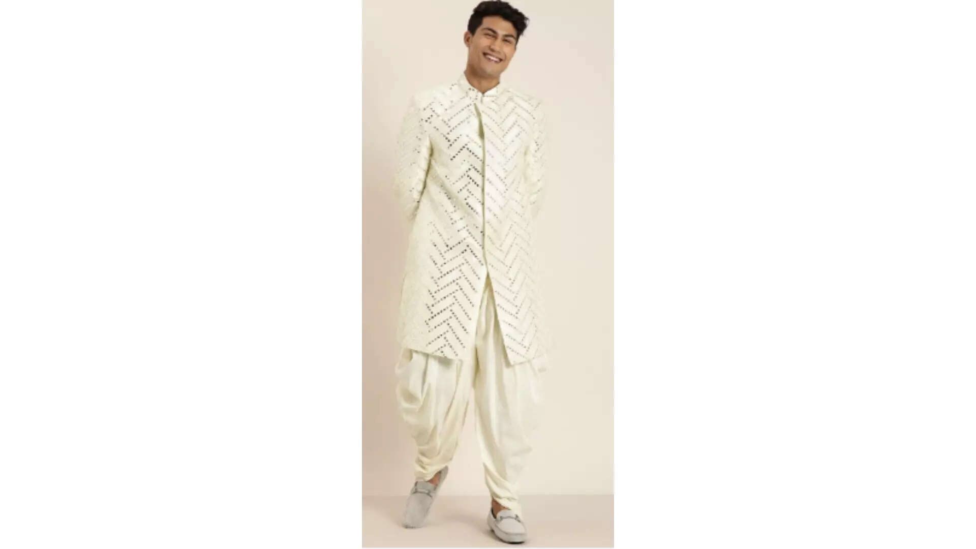 VASTRAMAY Men Cream-Colored Mirror Worked Sherwani Set