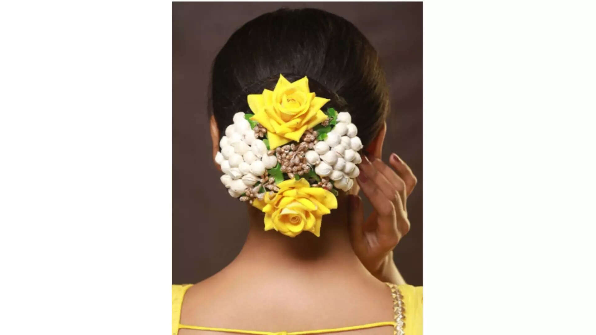 Anouk Women Yellow Rose  White Embellished Artificial Flower Hair Bun Cover 