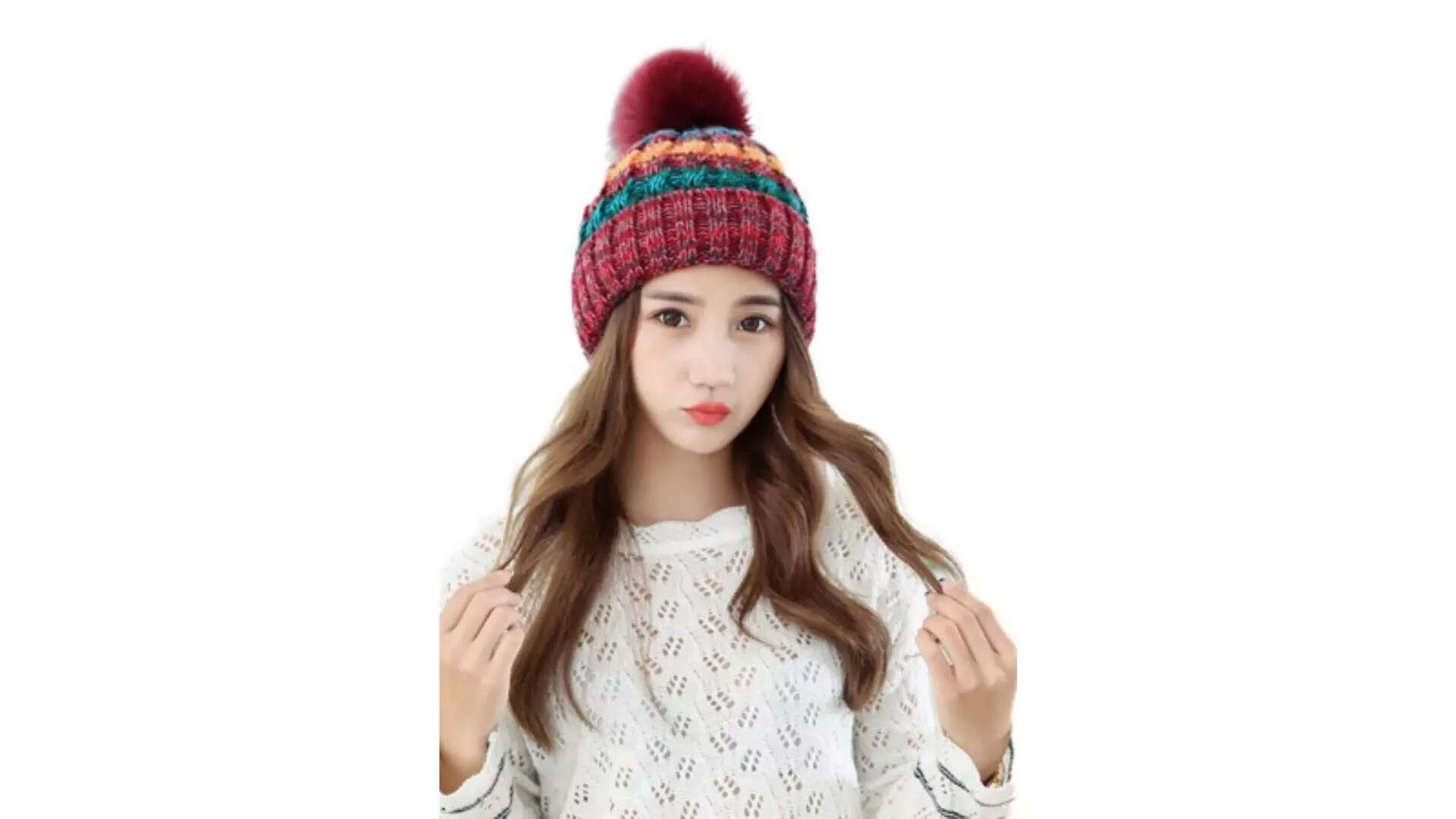 YOUSTYLO Adults Red  Blue Self Design Woolen Winter Pompom Cap 