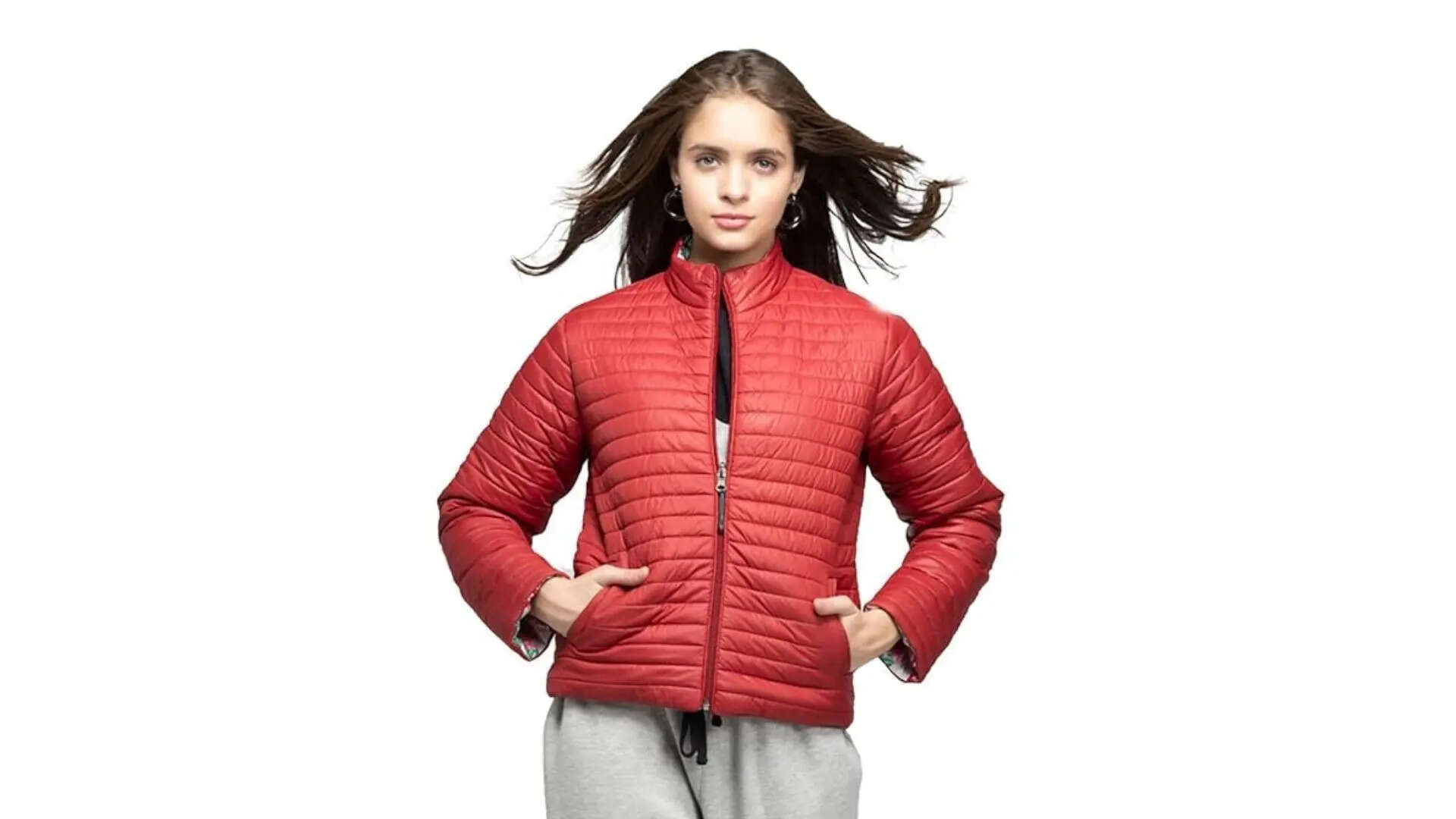 SHAYE High Neck Red Solid Long Sleeves Reversible Puffer Jackets For Women