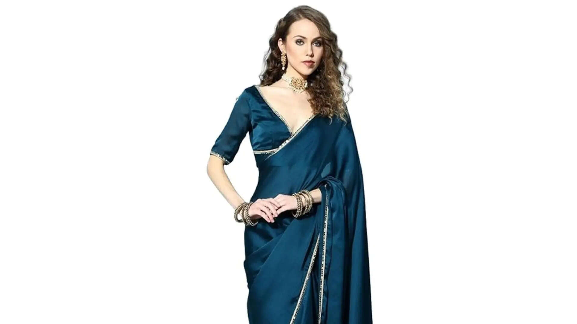 SHOPAZ Womens Soft Regal Blue Silk Satin Saree 