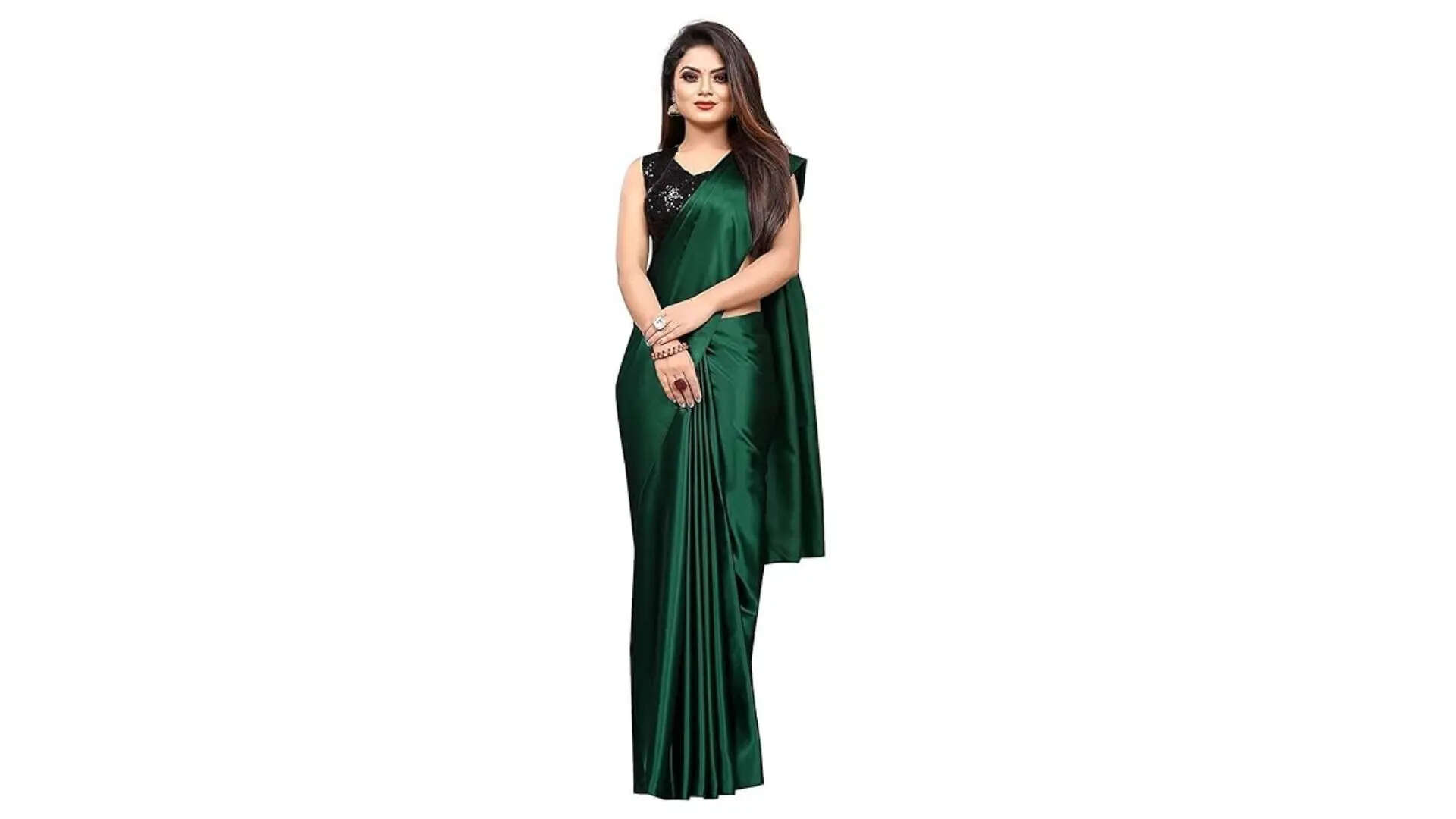 Celebrity Inspired Womens Satin Silk Saree With Sequence Black Blouse Piece