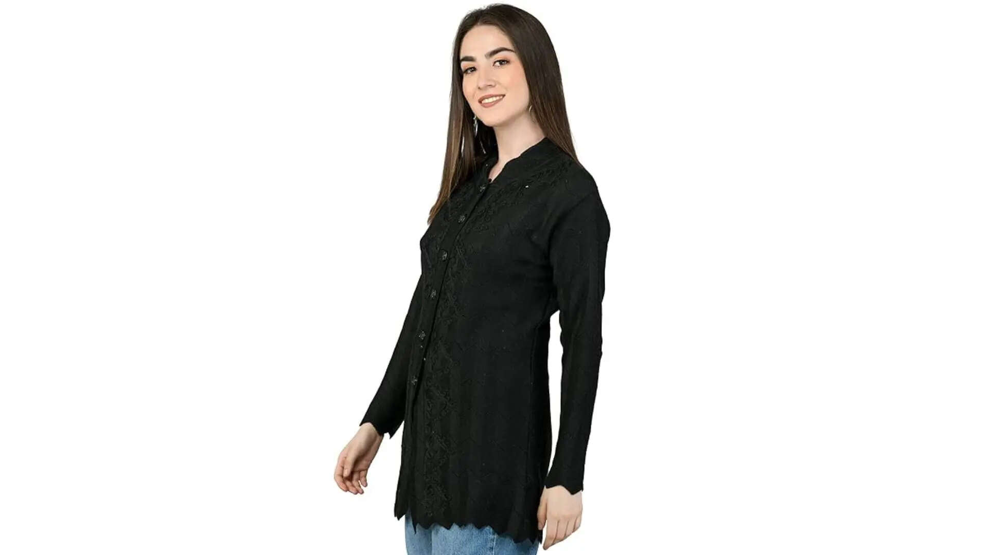 LADY WILLINGTON Women Woolen Round Neck Sweater Heavy Front Long Kadai Cardigan 