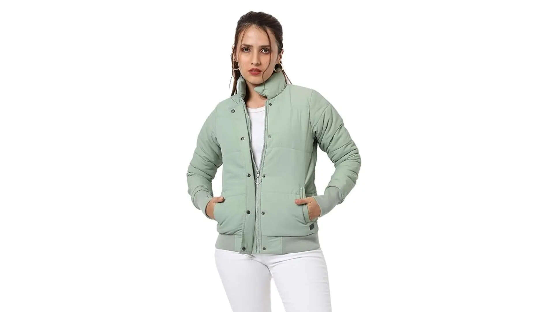 Campus Sutra Womens Pink Puffer Regular Fit Bomber Jacket