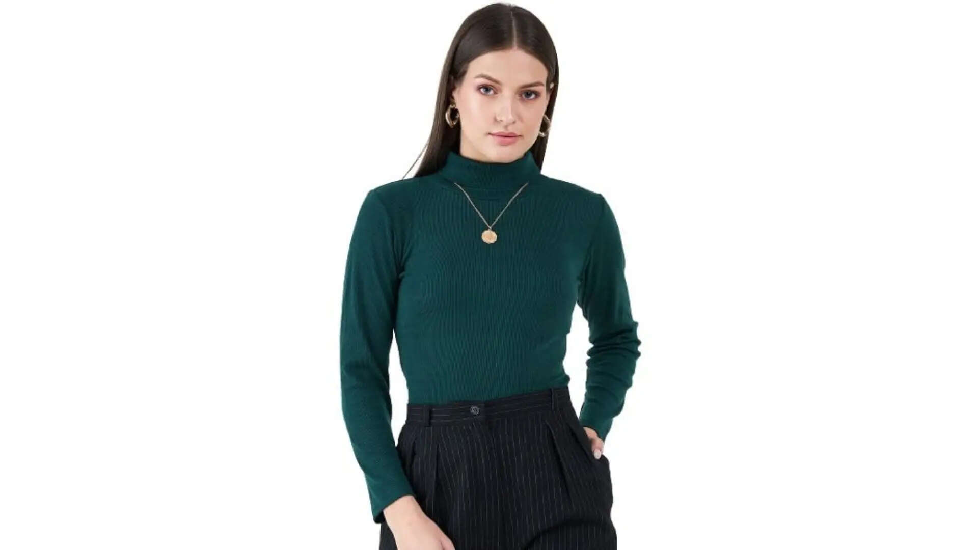 Womens Cotton Solid Turtleneck Ribbed Top