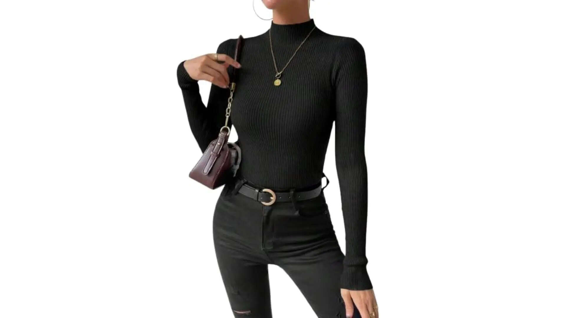 TIVANTE Solid Turtle Neck Ribbed Long Sleeve Regular Top for Women