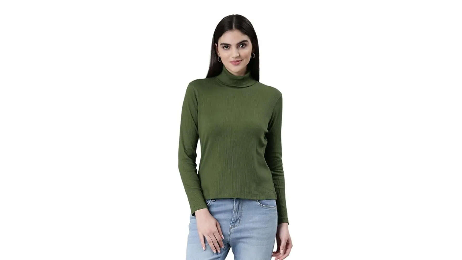 TWIN BIRDS Stylish Turtle Neck Cotton Ribbed Tees