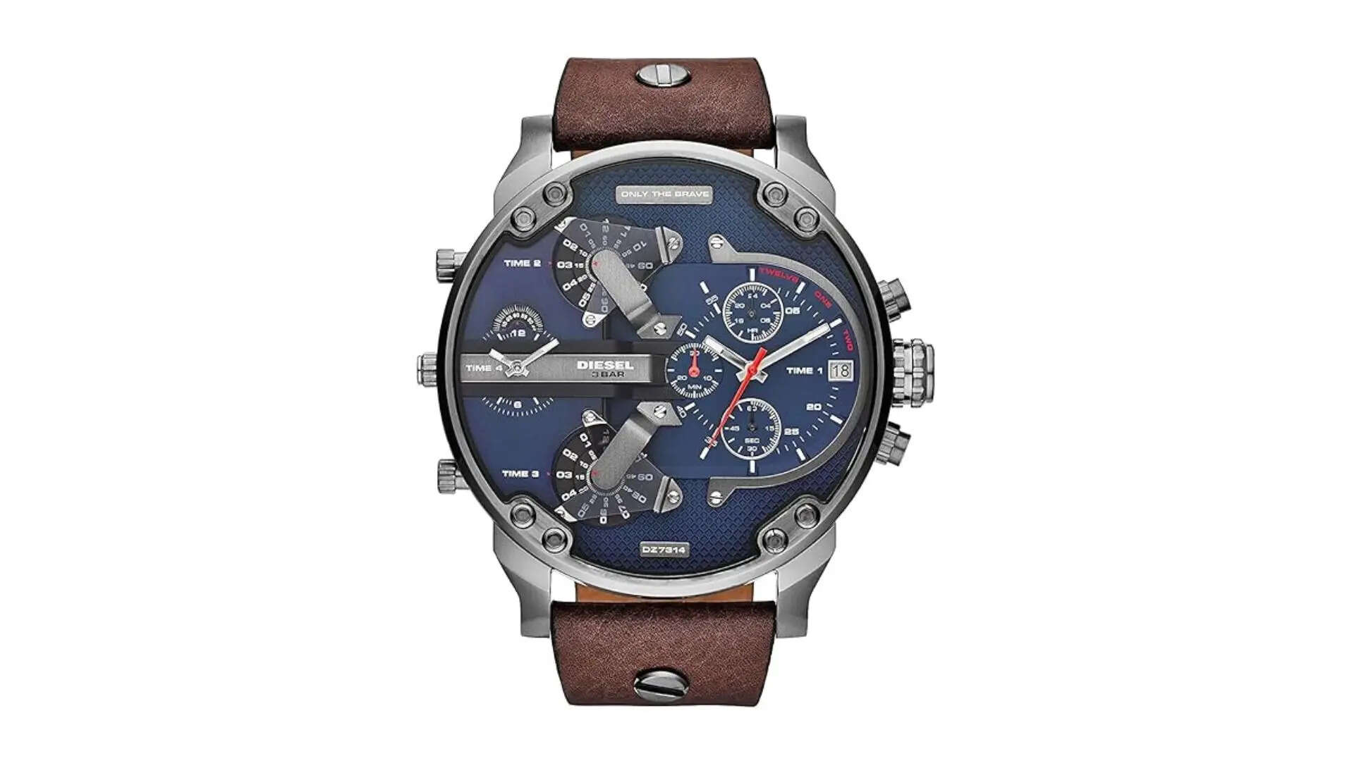 DieseI Leather Mr Daddy Dual Time Chronograph Navy Blue Dial Mens Watch