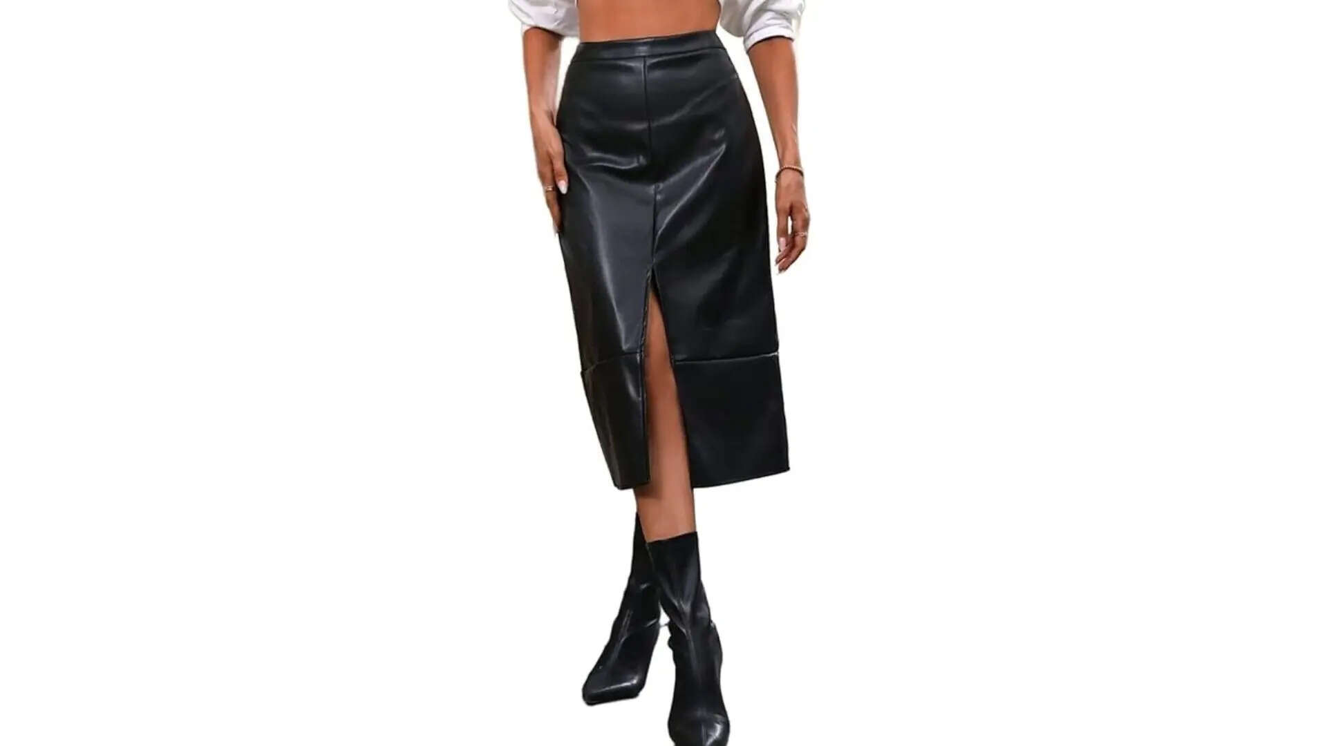 Faux Leather Mid-Length Skirt with Front Slit