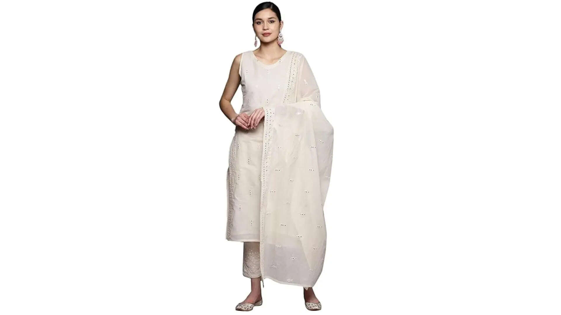 Libas Off White Embroidered Cotton Straight Kurta With Trousers  Dupatta