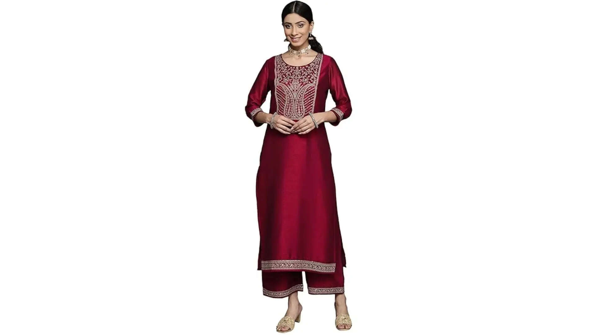 Libas Fuchsia Yoke Design Silk Straight Kurta