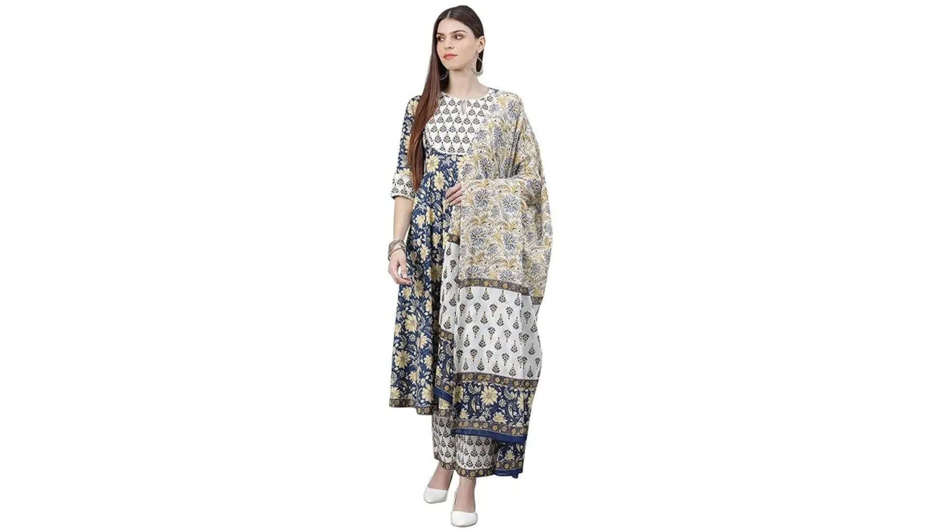 Libas Women Printed Cotton Anarkali Kurta  Palazzo With Dupatta